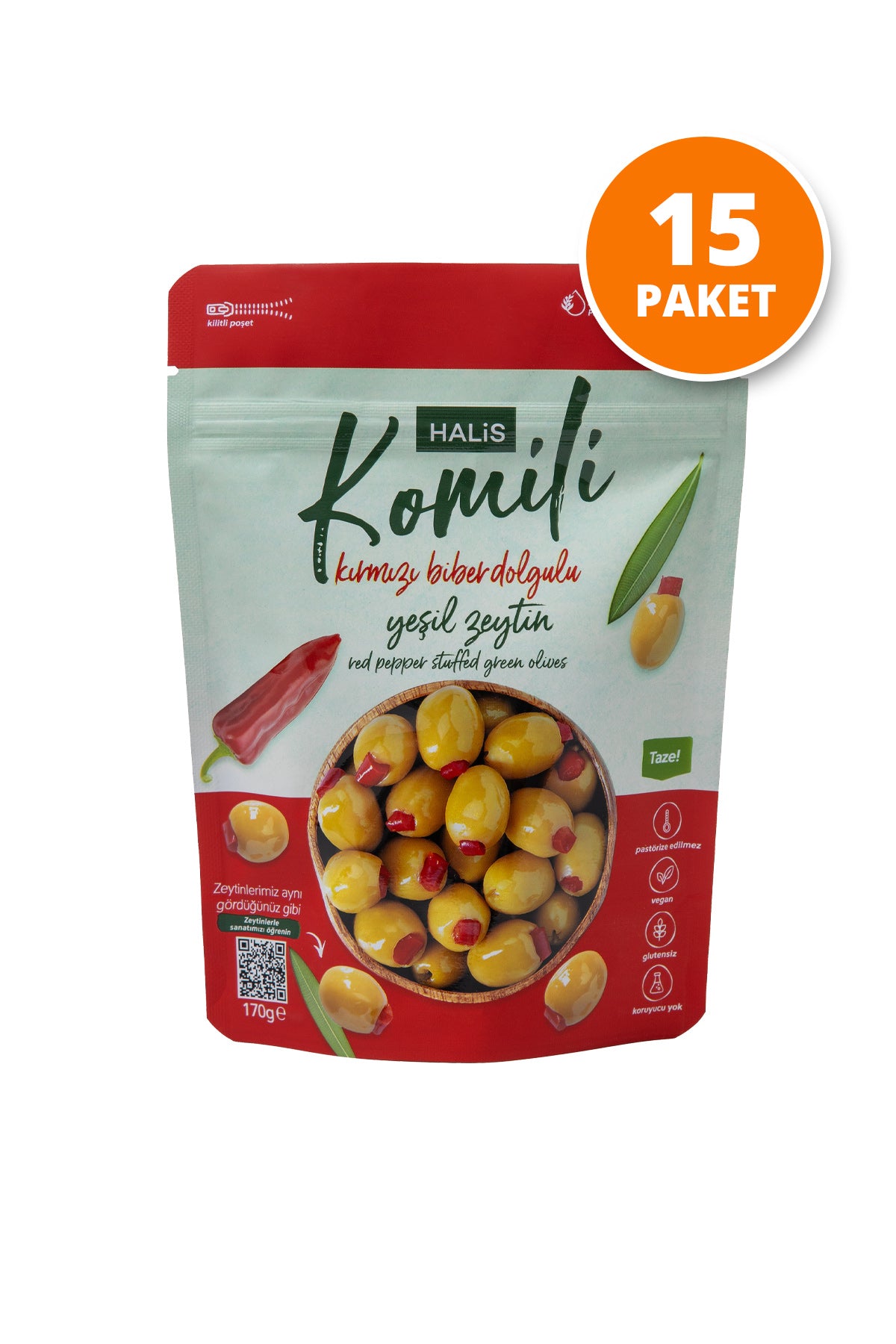 Komili Kırmızı Biber Dolgulu Yeşil Zeytin 15x170g