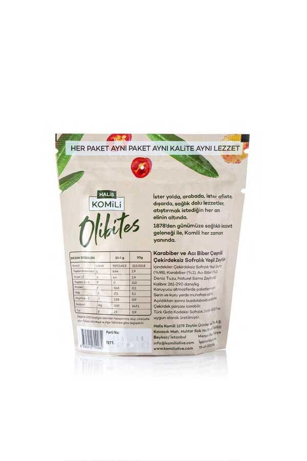 Komili Olibites Acılı Karabiberli Çekirdeksiz Yeşil Zeytin 30g
