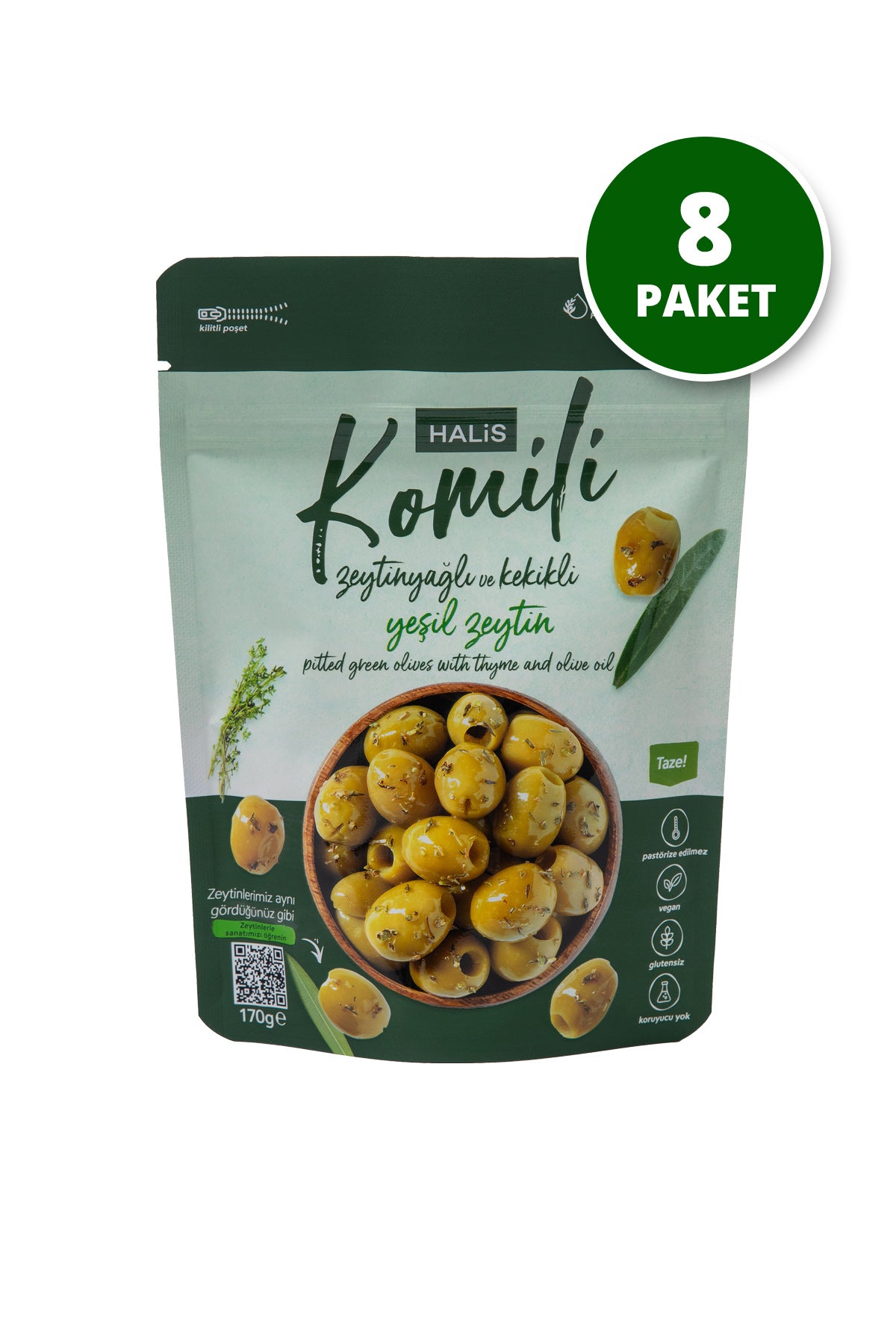 Komili Çekirdeksiz Zeytinyağlı ve Kekikli Yeşil Zeytin 8x170g