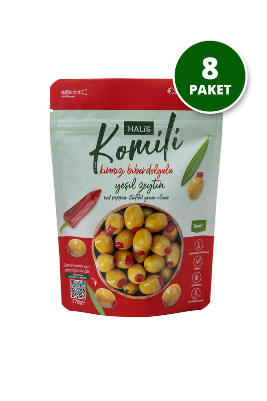 Komili Kırmızı Biber Dolgulu Yeşil Zeytin 8x170g