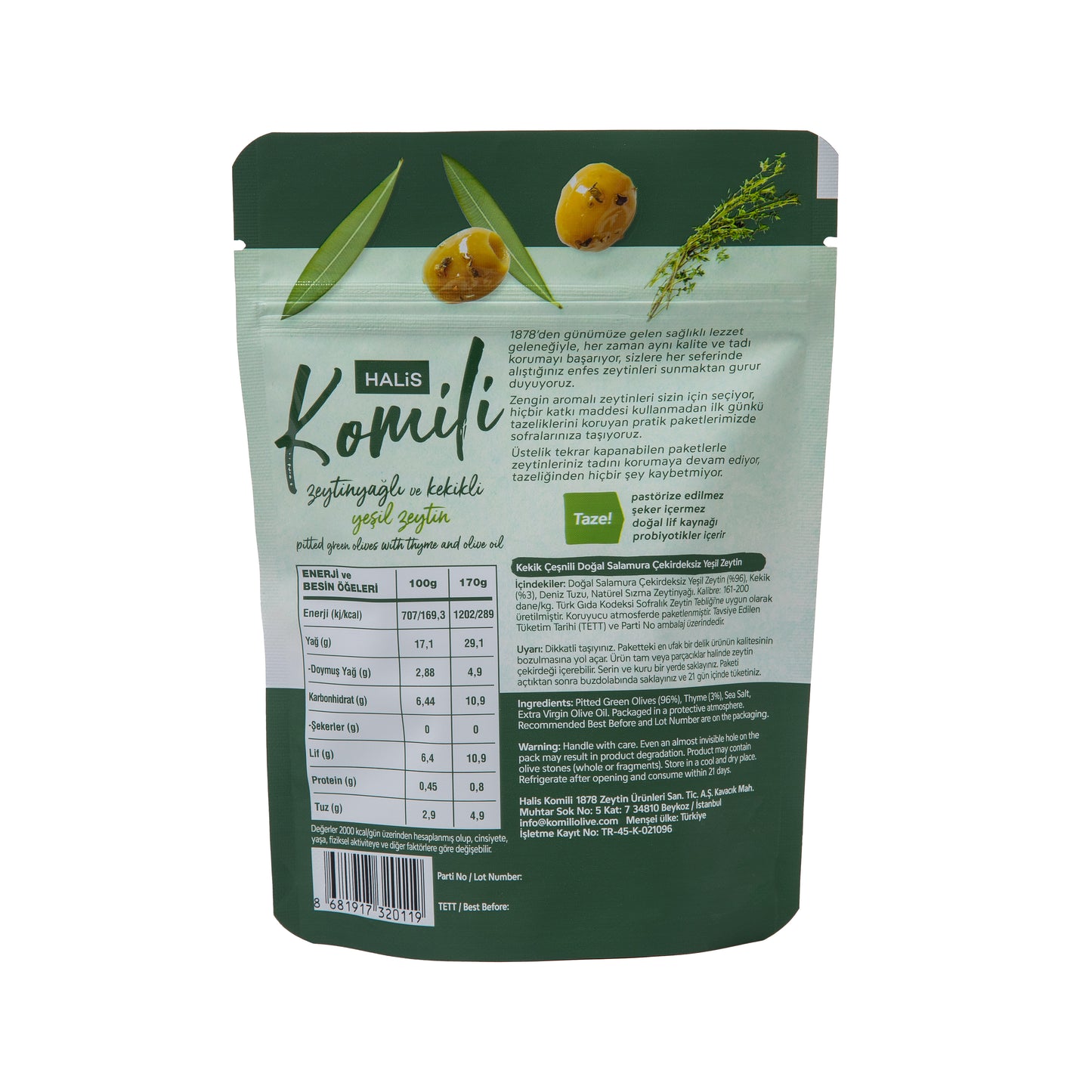 Komili Çekirdeksiz Zeytinyağlı ve Kekikli Yeşil Zeytin 8x170g